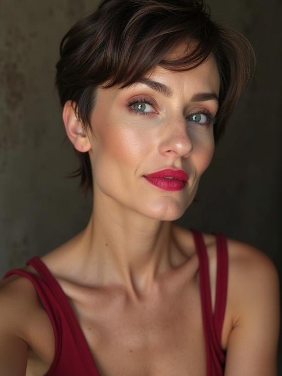 Portrait of a mature woman with short hair and lipstick. Focus on makeup and facial features. Upper body selfie with a soft background.