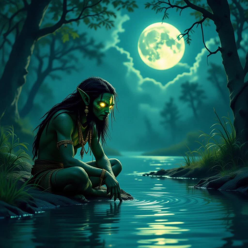 Ñawi is a small being with green skin. It has glowing eyes reflecting moonlight. The setting is a mystical forest near a lagoon. Ñawi enchants anyone who comes too close. People may get lost in the woods or drown in the lagoon.