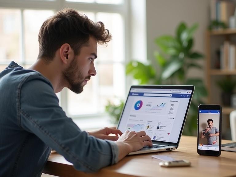 Young entrepreneur in a home office focused on laptop. Screen shows Facebook Insights with rising follower statistics. Nearby smartphone displays customer photo tagging product.