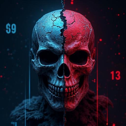 A skull split down the middle with one side in red and the other in blue on a transparent background.