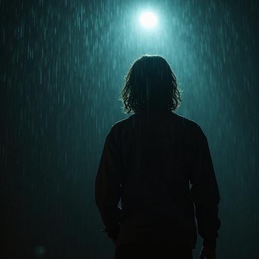 Realistic cinematic image under rain. Singer back view holding bagpipe. Dark sad atmosphere night.
