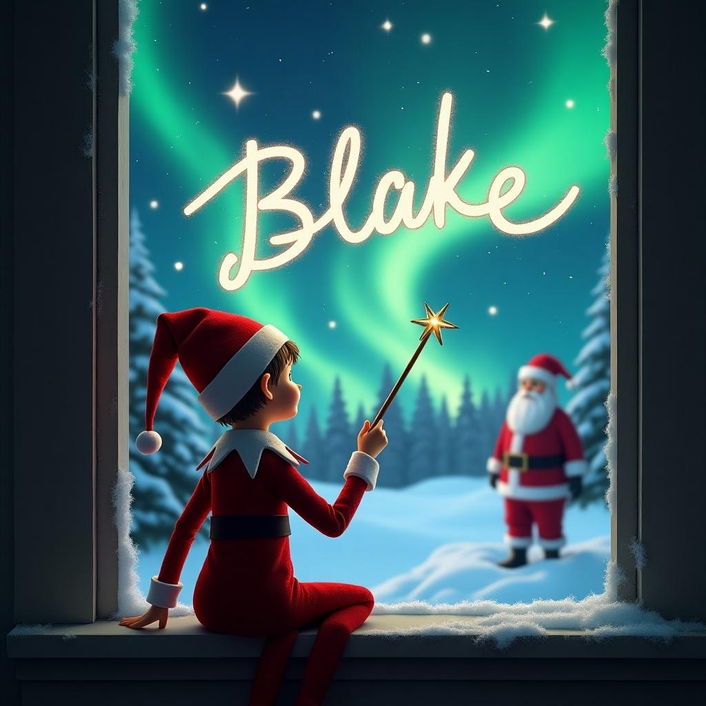 An elf on the shelf is depicted sitting with its back to the viewer, gazing at a beautiful night sky. It holds a wand, using it to write the name 'Blake' in glowing letters against the backdrop. The scene features a snowy landscape with vibrant northern lights dancing above. In the distance, Santa Claus can be seen, creating a whimsical and festive atmosphere. The illustration is filled with warmth and magic, perfect for the holiday season.