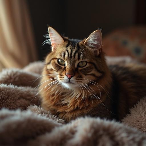 A cat appears to have a hangover after a night of partying. The cat displays a tired yet adorable expression. The setting includes soft blankets and warm lighting surrounding the cat.
