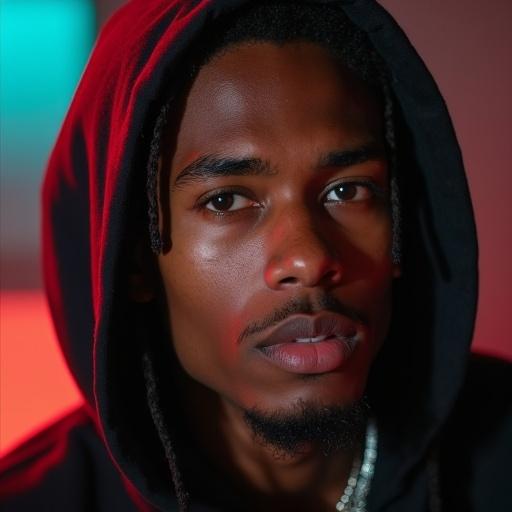 Closeup of a young rapper wearing a hoodie. The focus is on the face and expression. Background features colorful lighting with red and green tones.