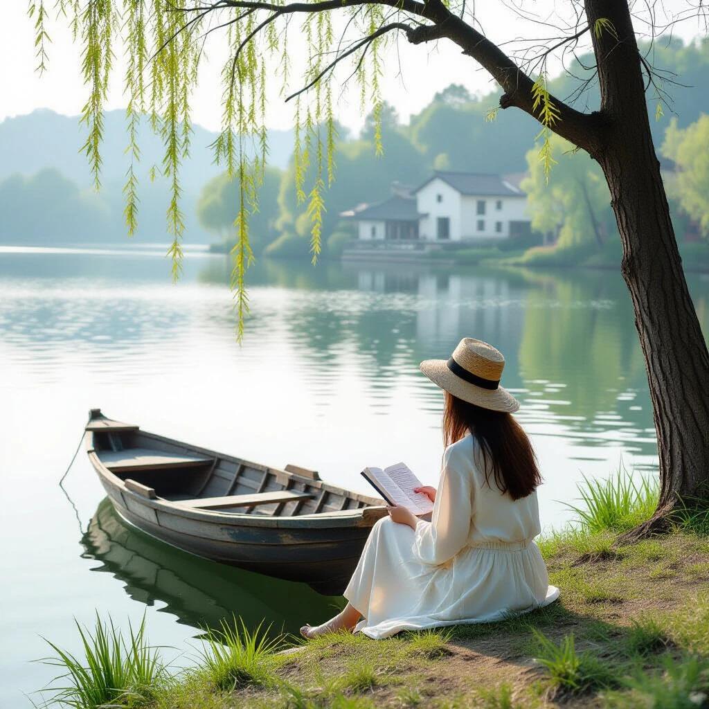 April morning with young willow branches caressing the lake in the breeze. A wooden boat gently swaying with the waves. A small house with gray tiles and white walls stands in the spring light. A woman in a white dress sits on the grass reading a book.