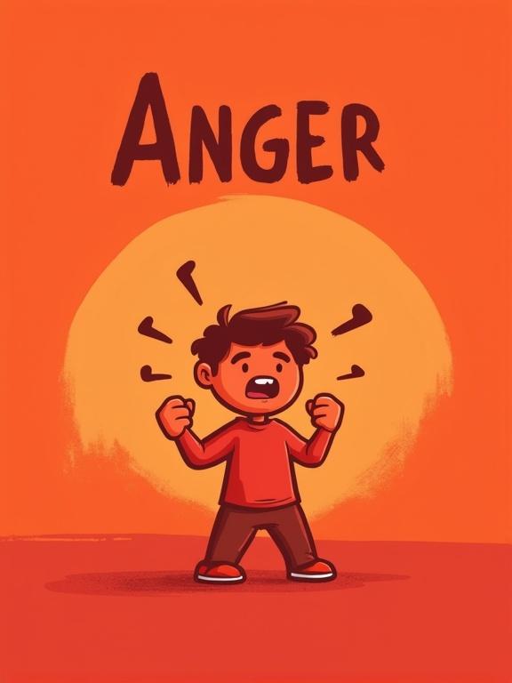 Design a children's workbook cover about anger. Red-orange gradient background. Simple illustrated character in red color showing clenched fists and tense posture. Include zigzag lines representing tension. Bold, angular font for title. Minimalist style similar to emotional learning materials. Title area and author space at top.