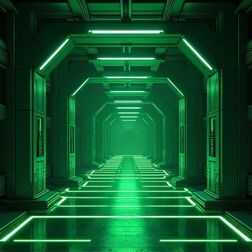 Interior of a futuristic brainwashing chamber with emerald green and black colors. Large, luxurious structure resembling a black hole society building. Noon lighting enhances neon glow. Long corridor with illuminated lines and sleek design.