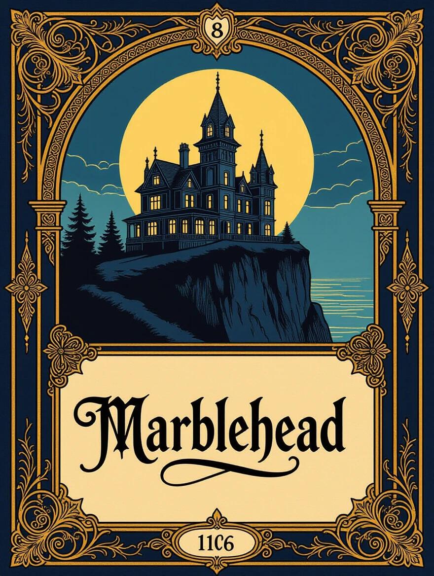 An ornate Art Nouveau style board game box art features the word 'Marblehead' in calligraphy. Dark blue and gold color scheme creates an ominous tone. A Victorian mansion with turrets sits on a cliff. The mansion is barely illuminated by light in the background.
