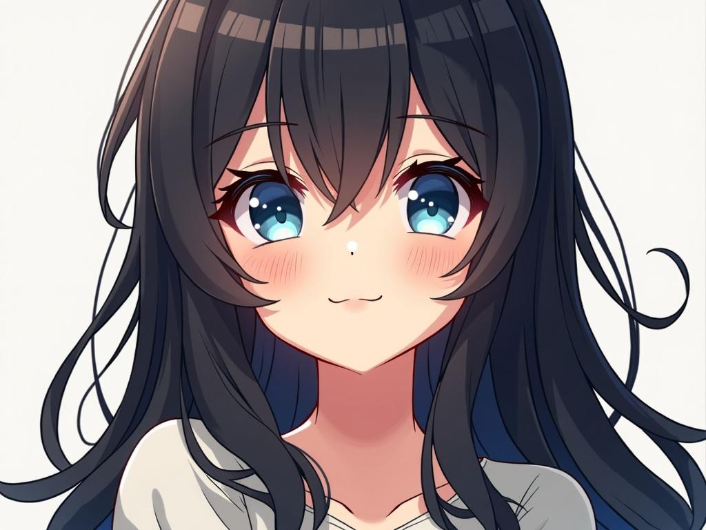 Draw a woman in anime style. Hair is black. Eyes are blue. Expression is flirtatious and coy.