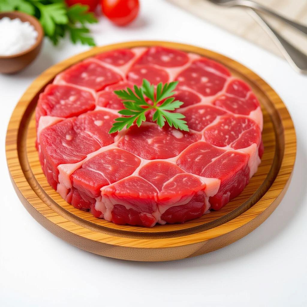 Carne bovina picada disposta em uma bandeja redonda de madeira. Apresenta uma guarnição de ervas frescas e está em uma superfície clara. Inclui pequenos tomates e sal em um fundo neutro.