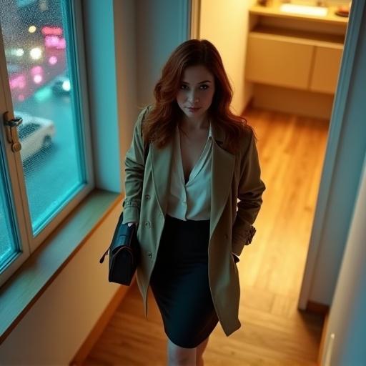 Modern apartment building stairwell on a rainy evening. High-angle view of Clara ascending clean stairs. Vibrant city lights visible through a rain-streaked window. Focus on Clara, curvy woman with auburn hair, wearing a damp trench coat and skirt. Expression shows weariness from a long workday. In the lower half, Clara framed in her apartment doorway. Warm light welcomes her home.