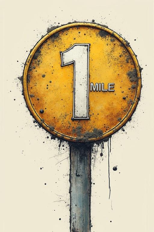 Design a conceptual image of a mile marker sign representing a cryptocurrency token. Include the text '1 MILE' prominently. Use a coin shape for the sign and incorporate elements related to distance and travel. Make the design look like a sketch with artistic flair.