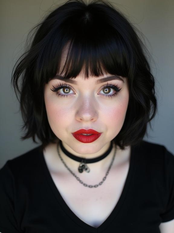 Twenty years old woman with black hair wearing a black t-shirt and choker. Displaying a happy expression with makeup including eyeshadow and red lipstick. The focus is on her hairstyle and accessories.