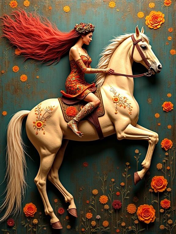 3D multi-layered artwork depicts a woman riding a horse. Woman has long red hair. Horse is pale and beautifully detailed. The background is teal with orange and gold floral designs. Inspired by artists like Klimt and Finster. Combines elements of fantasy and whimsy.