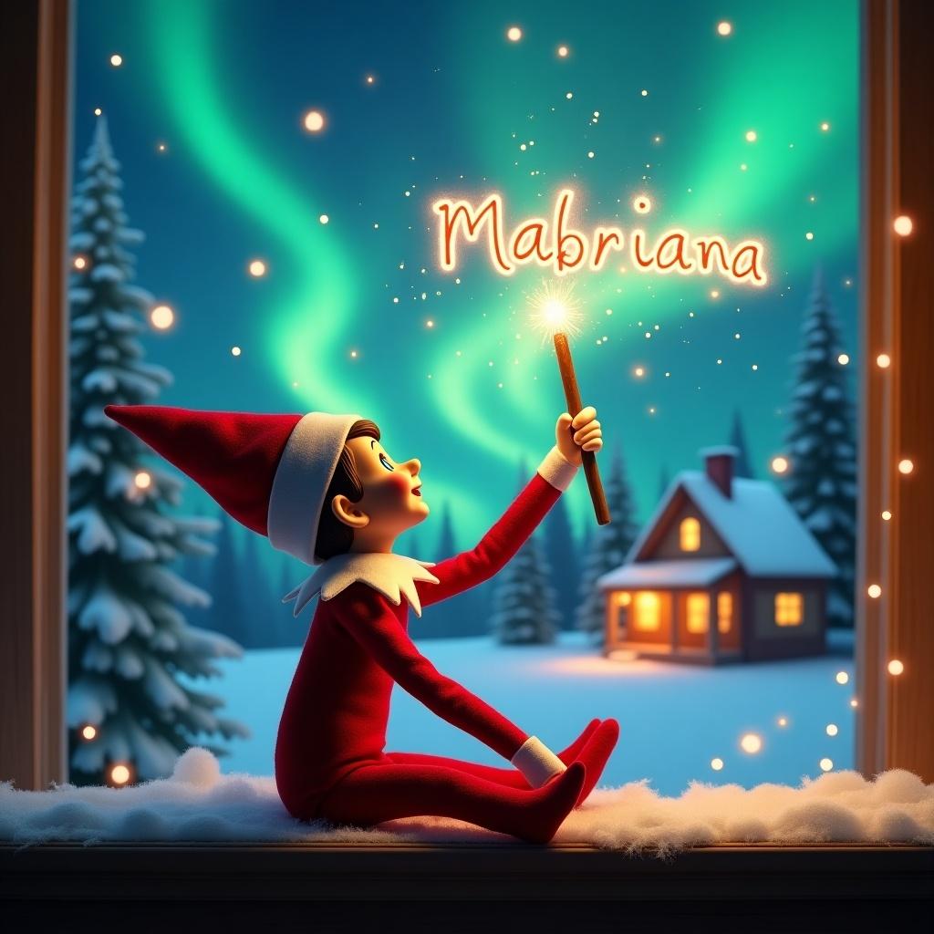 Elf on the shelf sits and gazes skyward. Holds a glowing wand with sparkling light. Background shows a charming Christmas scene with northern lights. Cozy house in the distance, decorated for holidays. Snow covers the ground. Elf is in a playful position, embodying Christmas magic. Name Mabriana is written in the air with the wand.