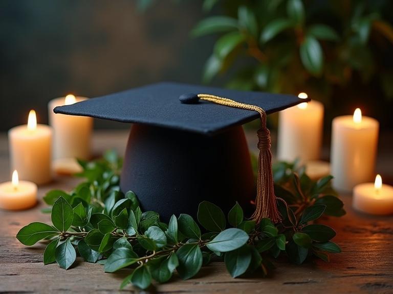 Graduation cap surrounded by laurel leaves and candles. Imagery evokes academic celebration. The setting emphasizes achievement and success.