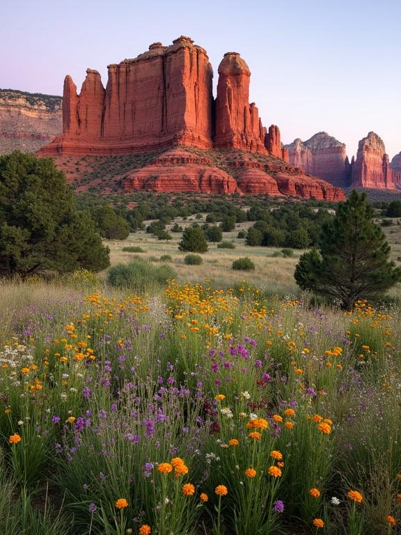 Image shows breathtaking natural landscape with dramatic red rock formation. Field of colorful wildflowers in the foreground. Surrounding environment includes green shrubs and trees. Sky transitions from blue to pink at dusk or dawn with a full moon visible.