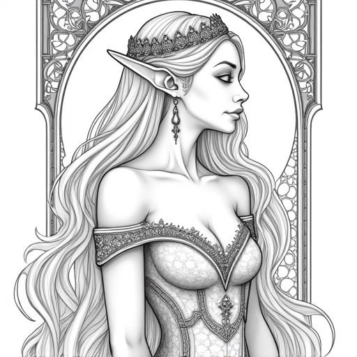 Black and white line art of an elven princess. She has long flowing hair and a pointed tiara. Wearing a detailed gown with lace patterns and a high collar. Long sleeves with elaborate designs. Surrounded by an ornate Art Nouveau frame. The expression is gentle and ethereal. Clean and precise lines. High quality design for coloring.