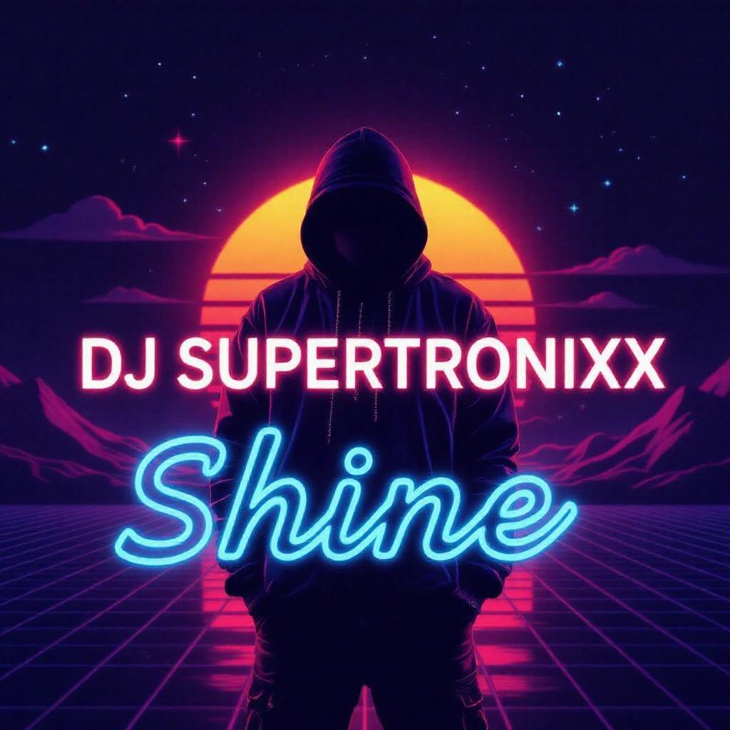 A dark artistic neon tech hip hop album cover features silhouette of a person in a hoodie with vibrant sunset glow. Text DJ Supertronixx displayed above. Shine is in cool writing below.