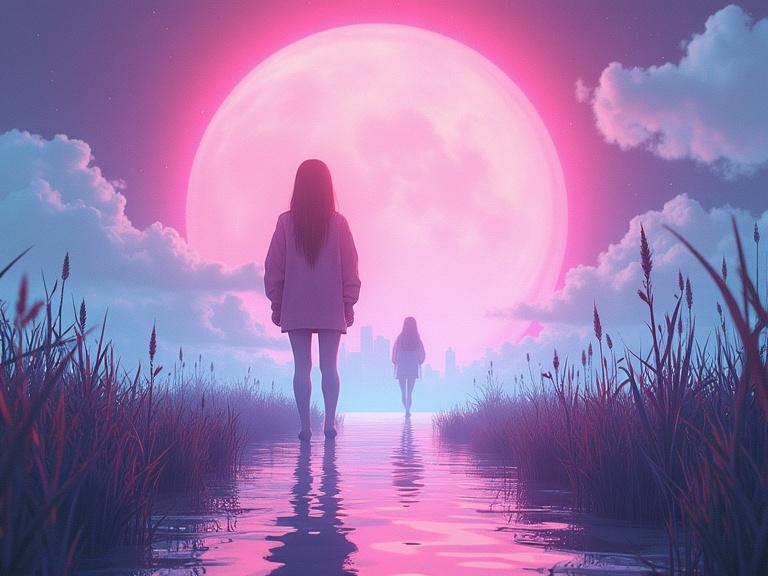Two figures stand in water. A large pink moon glows in the background. The scene features tall grass and a surreal atmosphere. The artwork combines anime style with cinematic lighting effects.