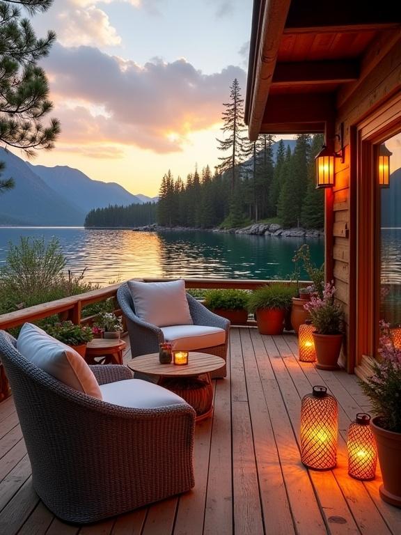 Outdoor lakeside terrace with wicker chairs and a table. Soft glowing lanterns illuminate the space. Mountains and a calm lake in the background during sunset. Emphasis on comfort and nature.