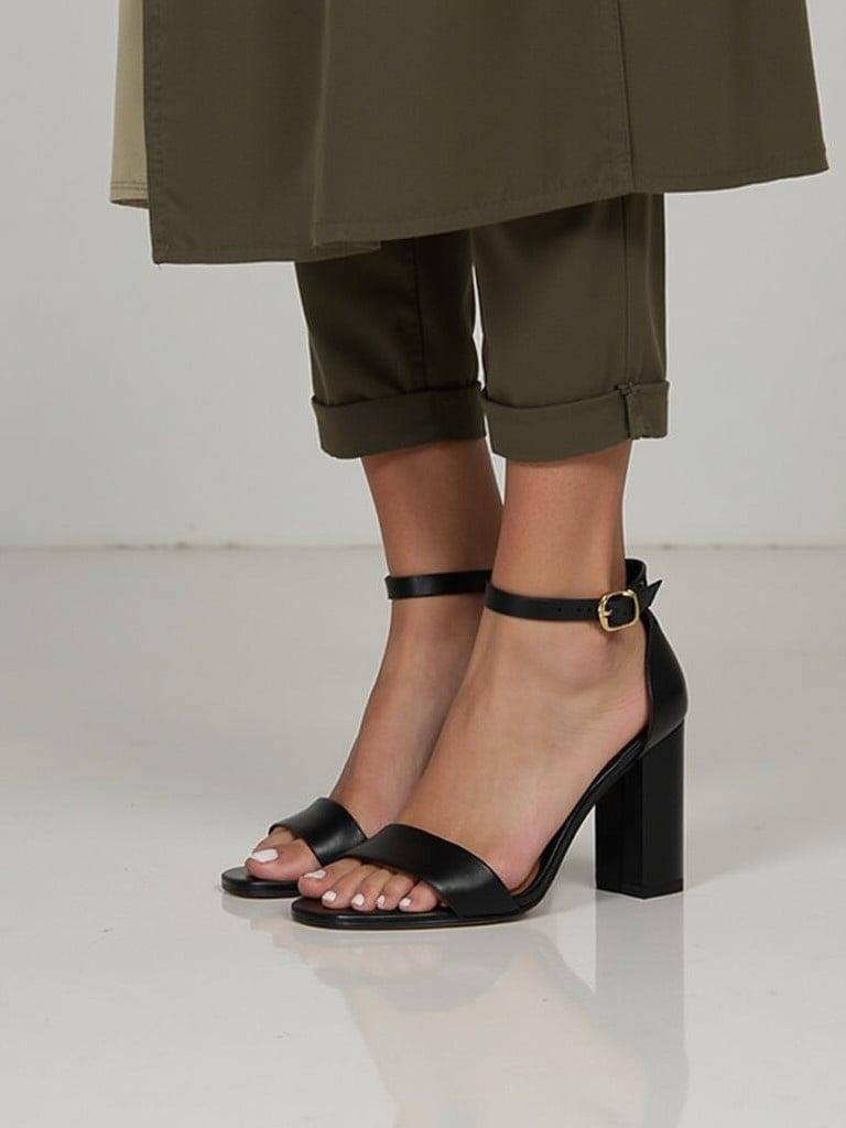 Stylish black high-heeled sandals on a woman's feet. The sandals have a strap around the ankle and a thick block heel. The soles are bare, showing polished toenails. The woman is wearing olive green cropped pants. The setting is minimalistic with a neutral background.