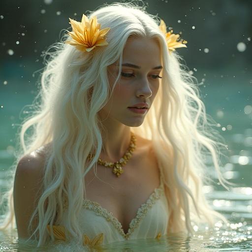 Mystical woman with long white hair adorned with golden lily flowers. Delicate fabric with floral patterns. Surrounded by soft magical light. Evokes enchantment. Rising from water, creating shimmering aura.