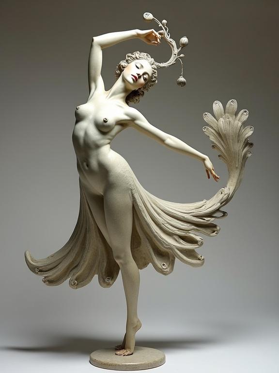 A statue of a dancer imitating a peacock with one arm curved and the other extended. One leg is bent and lifted. The expression is playful and proud.