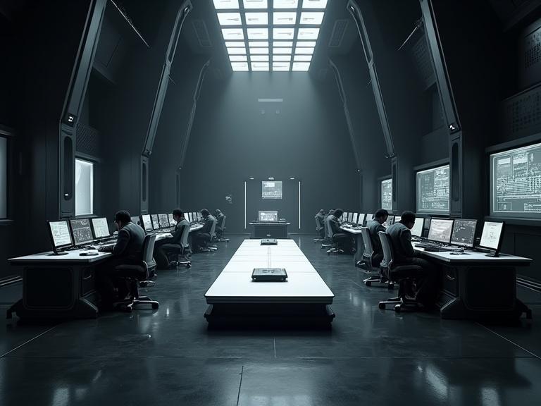 Image of a sci-fi command center with a dark, smooth, sleek interior featuring a white bulky rectangle bevel strategy table in the middle. Monitors display information, while military personnel in grey uniforms work at bulk desks with black chairs. The room has dim lighting with bright screens, and diagonal bulkheads add architectural interest.