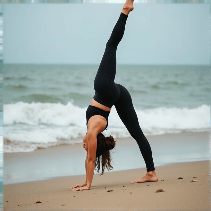 A person practices a yoga pose on a sandy beach with ocean waves in the background.