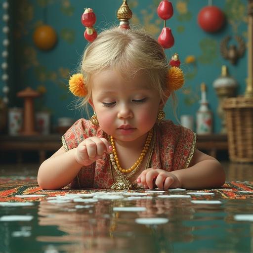 A child engaged in play with traditional attire sitting on a colorful rug surrounded by cultural elements.