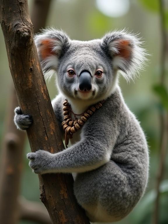 Realistic photo of a koala bear with anthropomorphic features. Koala has a human-like face combined with koala characteristics. She wears a tribal necklace and climbs a tree in a forest. Captivating gaze at the camera from about 3 meters away.