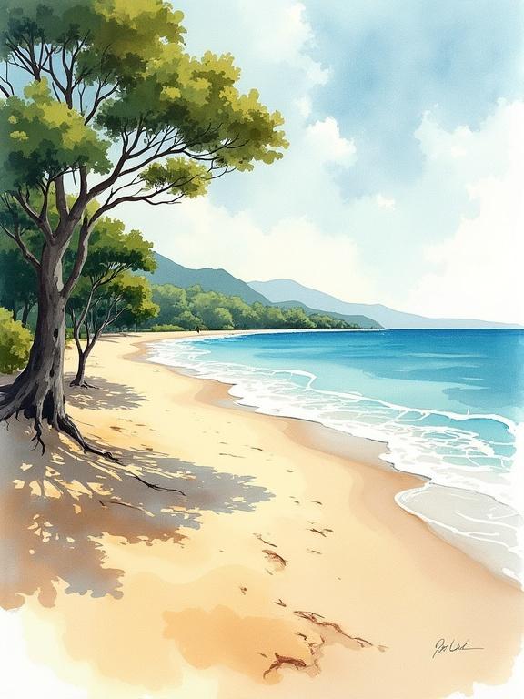 Loose watercolor painting depicting a beach landscape on a sunny day. Features trees with distinct shadows and gentle waves lapping at the shore.