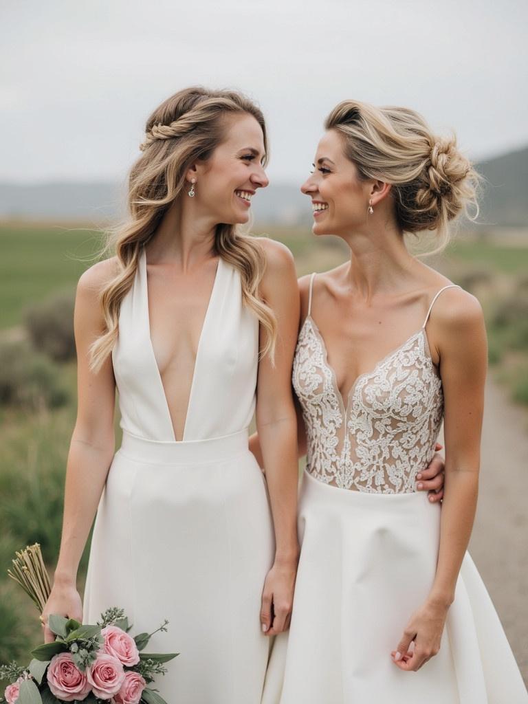 Two brides are standing together. One bride is wearing a deep V-neck wedding dress. The other bride's dress has a detailed bodice. They are on a scenic outdoor path with greenery. This image symbolizes love and unity.