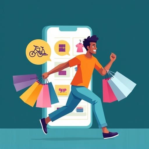 Young man running with colorful shopping bags in front of a smartphone. Smartphone showing e-commerce products like clothing and bikes. The man wears an orange t-shirt and light blue pants. His expression is happy, suggesting a joyful shopping experience. The background is dark teal, with a flat cartoonish and vibrant style.