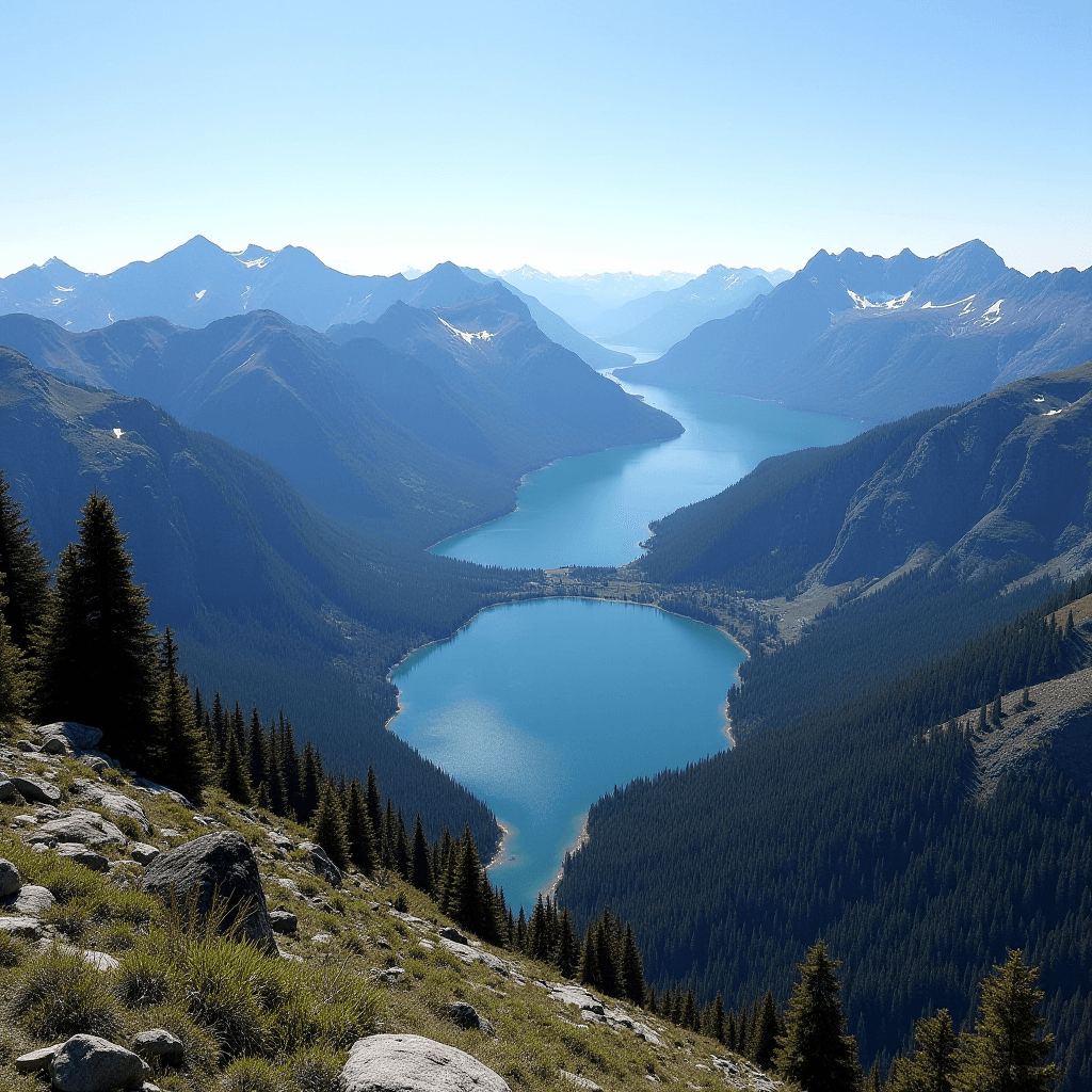 A serene blue lake winds through tall, majestic mountains under a clear sky.