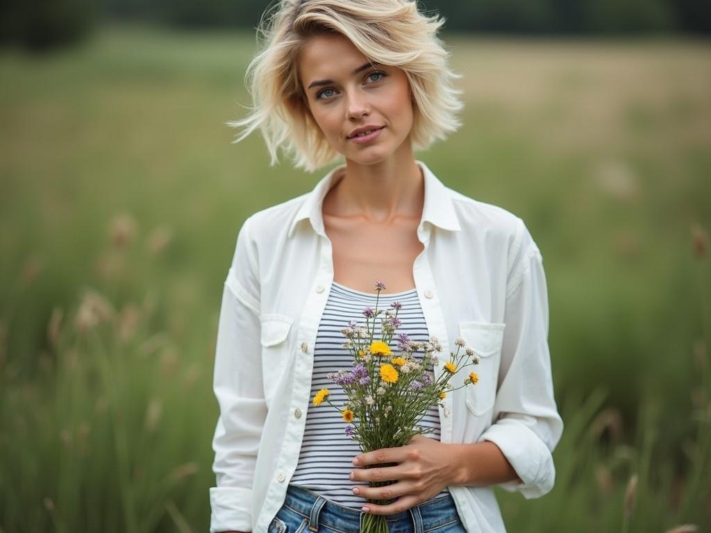 A portrait of a young woman with short, tousled blonde hair exudes a carefree vibe. She stands casually, holding a small bouquet of wildflowers. Dressed in a slightly unbuttoned white shirt over a striped shirt and blue jeans, she captures a relaxed fashion. Her green eyes complement the wildflowers she holds. This image invokes feelings of tranquility and connection to nature.