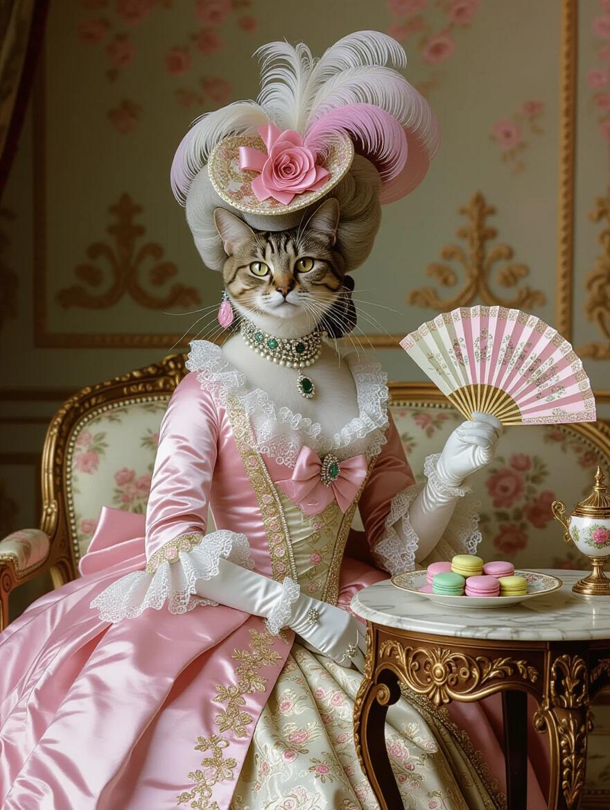 Majestic anthropomorphic female cat dressed in a pastel colored gown from the 18th century. Cat has a whimsical hairstyle with a feathered and jeweled hat. Delicately posed on a sumptuous sofa. Marble and gold table with pastel colored macaroons. Captures the elegance of Versailles court life.