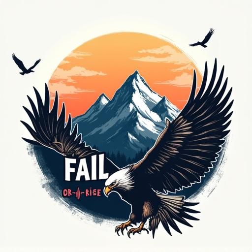 Dynamic silhouette of an eagle against rugged mountain peaks. Birds soar in the background. EKG heartbeat line features mountain theme. Bold text reads FAIL OR RISE. Graphic highlights excitement of trail riding. Captures spirit of adventure in mountains.
