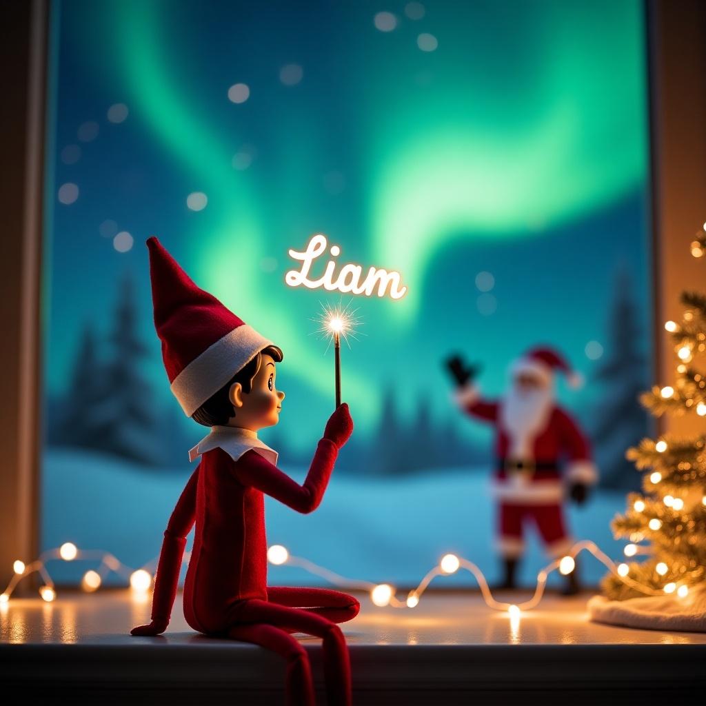 An adorable scene features an Elf on the Shelf looking back towards viewers. He observes a winter night sky illuminated by stunning northern lights. Dressed in classic holiday attire, the elf uses a magic wand to write names like 'Natasha' and 'Liam' in the air. In the backdrop, Santa Claus waves cheerfully, adding joy to the scene. The setting includes a beautifully decorated Christmas tree and twinkling fairy lights, enhancing the holiday atmosphere.