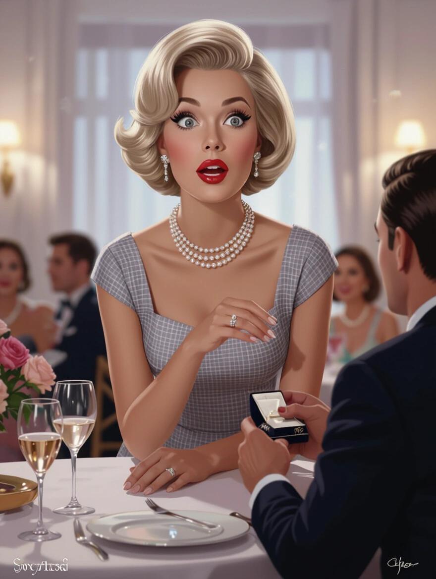 A portrait of a 1960s woman wearing a casual party dress with a voluminous platinum blonde hairstyle. She has a pearl necklace and diamond earrings. A man is proposing with a ring at a house party. The scene has soft lighting with elegant decor, capturing mid-century sophistication and leisure.