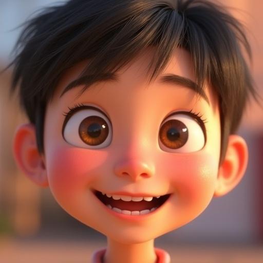 Close-up view of a stylized animated character's face. Character shows large expressive eyes. Smooth skin and playful hairstyle create a charming appearance. Expression is joyful with vibrant tones and soft lighting enhancing warmth and personality.