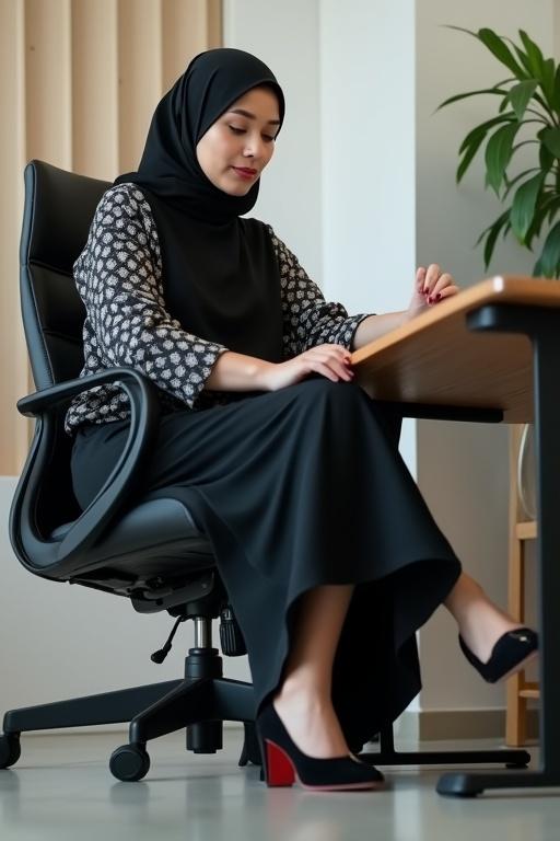 Adult woman wearing a hijab in an office setting. Sitting in an executive chair. Slender silhouette showing feet dangling while wearing stylish shoes. Contemporary office space with plants visible.