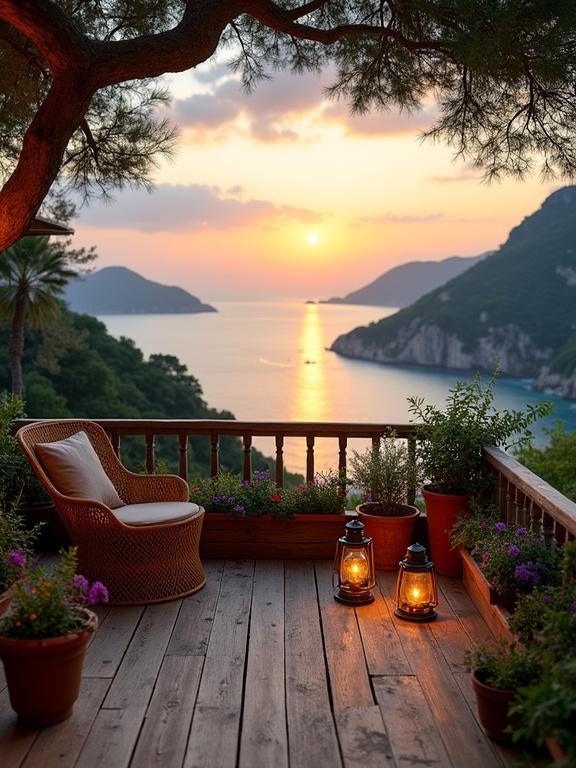 Cozy seaside balcony overlooking the ocean at sunset with colorful sky. Wicker chair and wooden deck provide rustic charm. Lanterns cast warm glow. Lush greenery adds vibrancy to the scene. Calm and peaceful atmosphere ideal for relaxation.