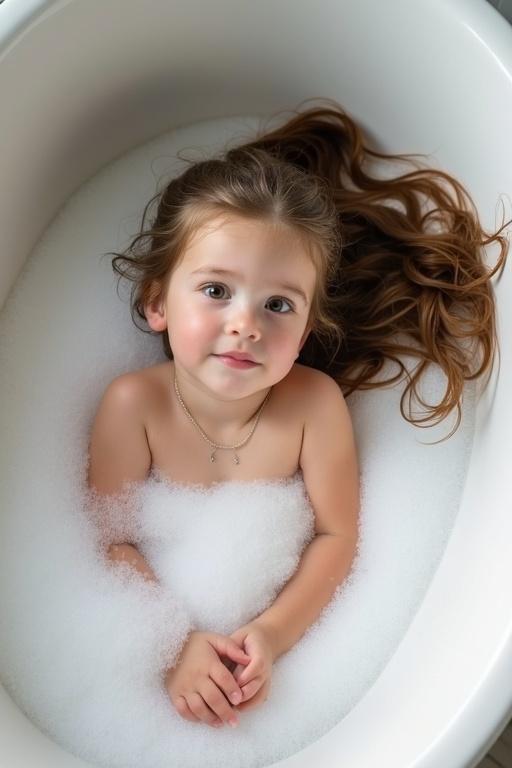 A young girl lies in a bathtub filled with bubbles. She gazes at the camera. Long hair spreads to the side. The bathtub is modern and white. Natural light enhances the scene.