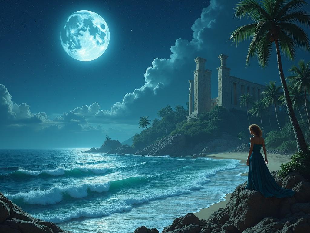 A serene night scene with a full moon illuminating a beach, a woman in a flowing dress, palm trees, and ancient ruins.