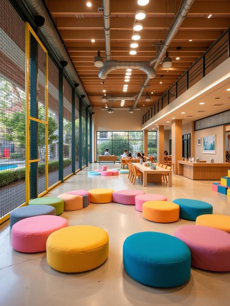 Indoor venue for children's events. Features jungle gym. Colorful cushions in circular arrangement. Craft activity corner. Spacious area for gatherings.