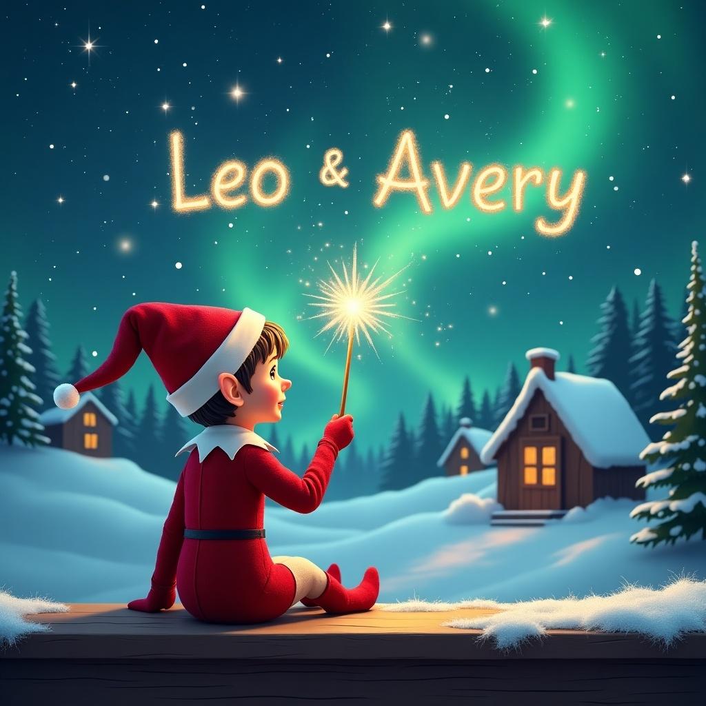 An elf sits on a wooden ledge with its back to the camera, gazing at a magical sky. The elf, dressed in a red outfit with a pointed hat, holds a sparkling wand. With the wand, the elf elegantly writes the names 'Leo' and 'Avery' in the starry sky. The background features a snowy landscape with charming little houses and evergreen trees under the shimmering Northern Lights. This whimsical scene captures the essence of childhood magic and Christmas cheer.