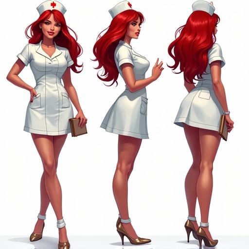 Marvel comic concept art of a nurse in different angles and poses. Flirty nurse design with high heels and sultry appearance.