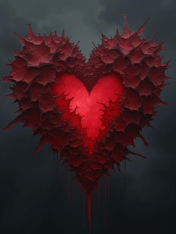 A heart formed from thorny leaves depicts a mix of love and pain. The heart is dark red with sharp edges and splatters of darker colors.